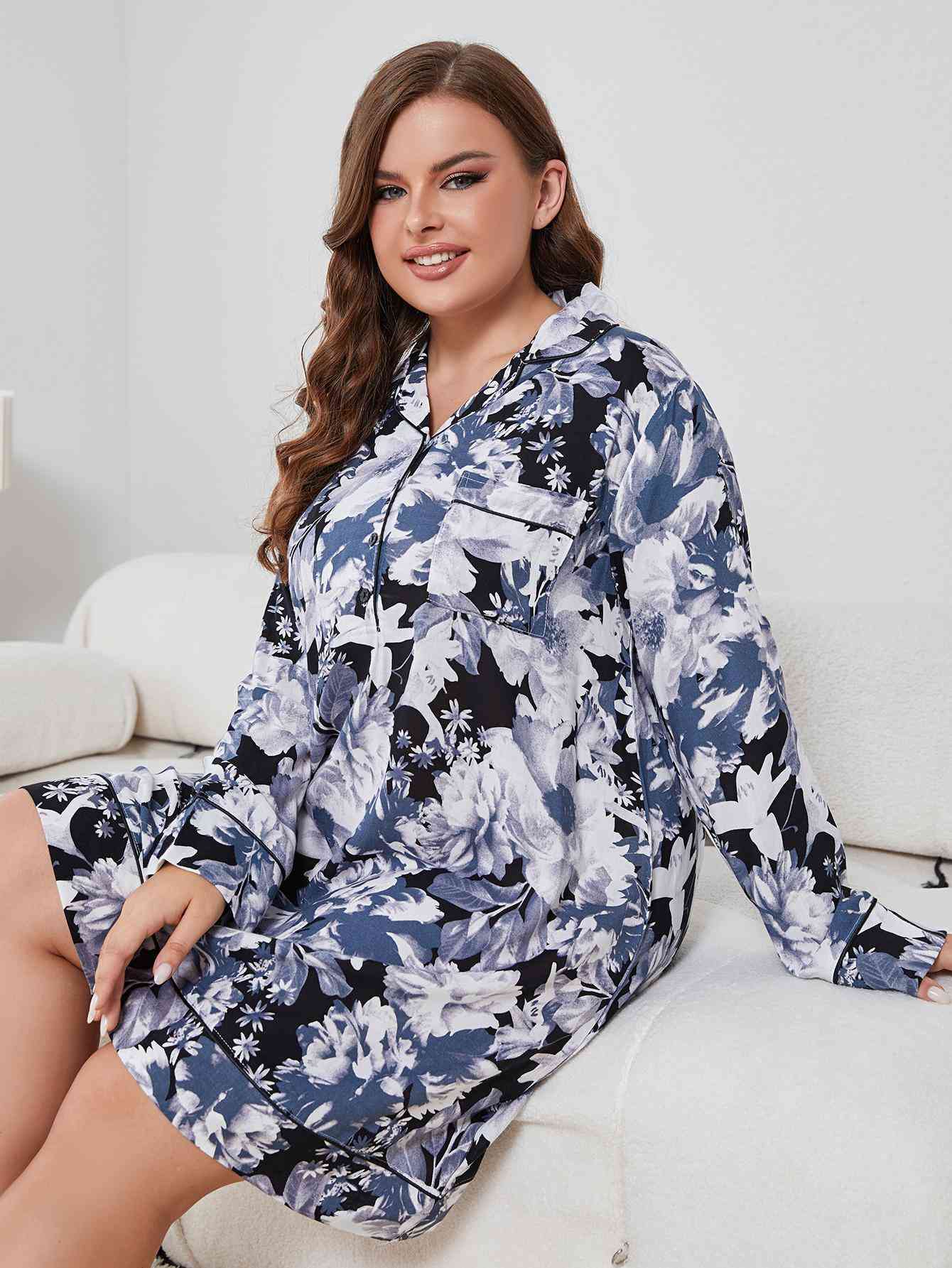 Plus Size Floral Lapel Collar Long Sleeve Night Dress  Jassorted   