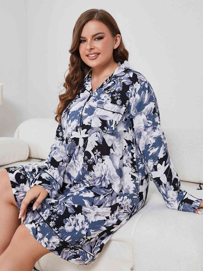 Plus Size Floral Lapel Collar Long Sleeve Night Dress  Jassorted   