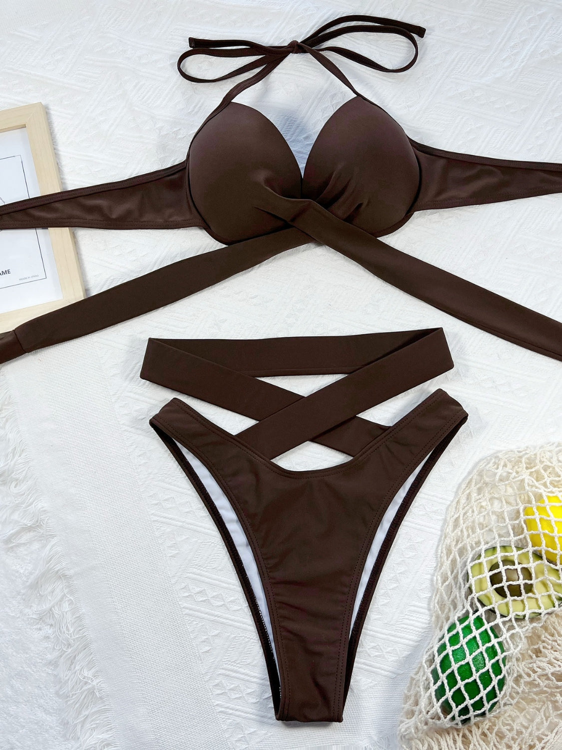 Crisscross Halter Neck Two-Piece Bikini Set  Trendsi Chestnut S 