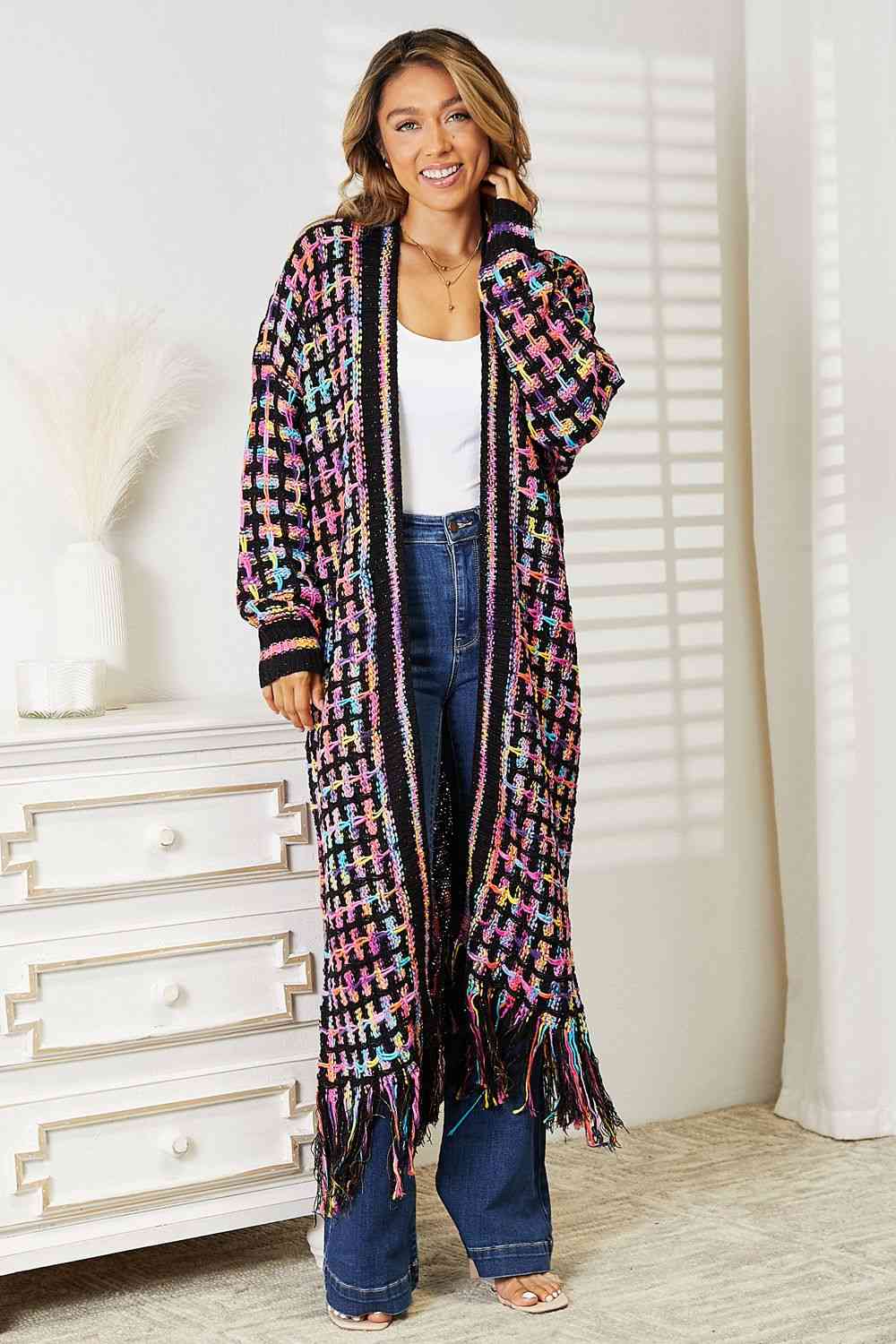 Double Take Full Size Multicolored Open Front Fringe Hem Cardigan  Trendsi   