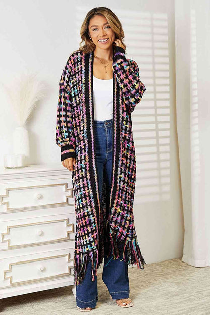 Double Take Full Size Multicolored Open Front Fringe Hem Cardigan  Trendsi   