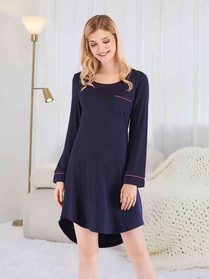 Round Neck Night Dress with Pocket  Jassorted Dark Navy S 