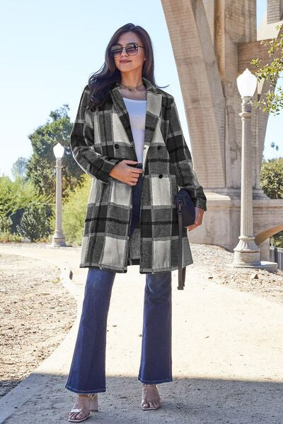 Double Take Plaid Button Up Lapel Collar Coat  Jassorted Black S 