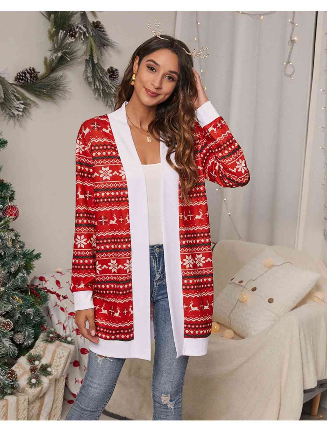 Christmas Open Front Cardigan  Jassorted Brick Red S 