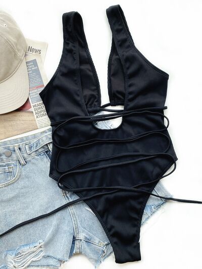 Ribbed Lace Up One-Piece Swimsuit  Trendsi Black S 