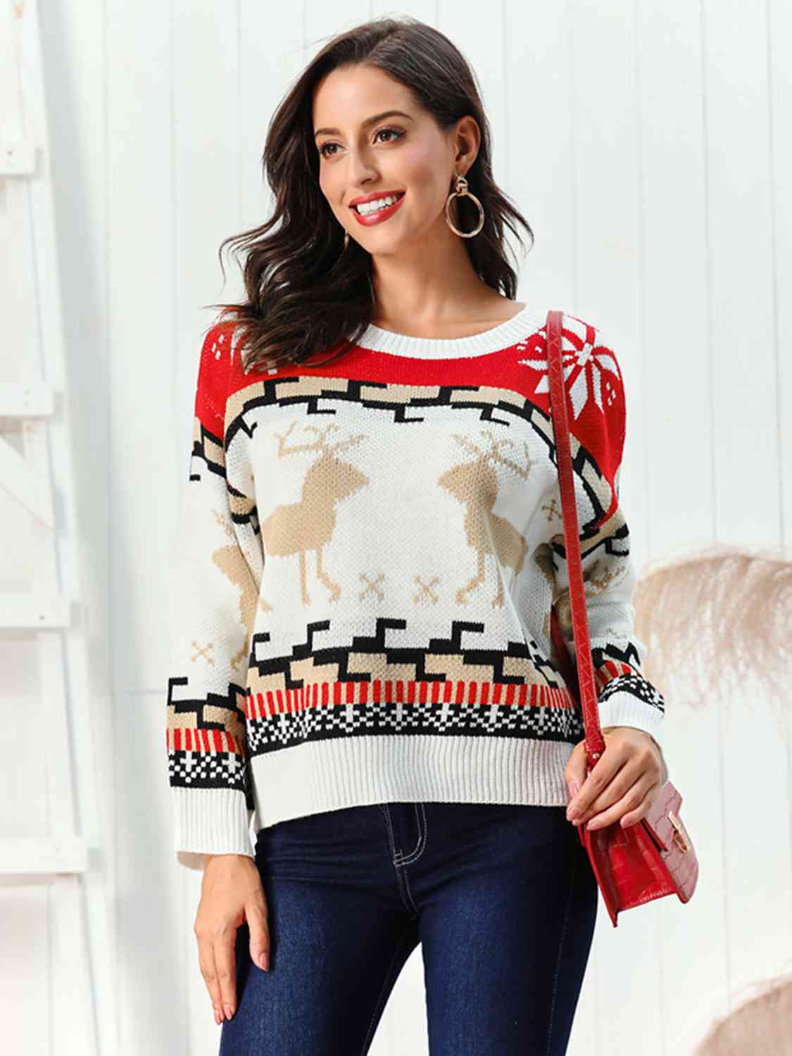 Reindeer Round Neck Sweater  Jassorted White S 