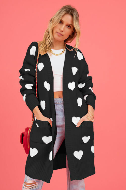 Heart Graphic Open Front Cardigan with Pockets  Trendsi   