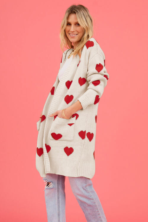 Heart Graphic Open Front Cardigan with Pockets  Trendsi   