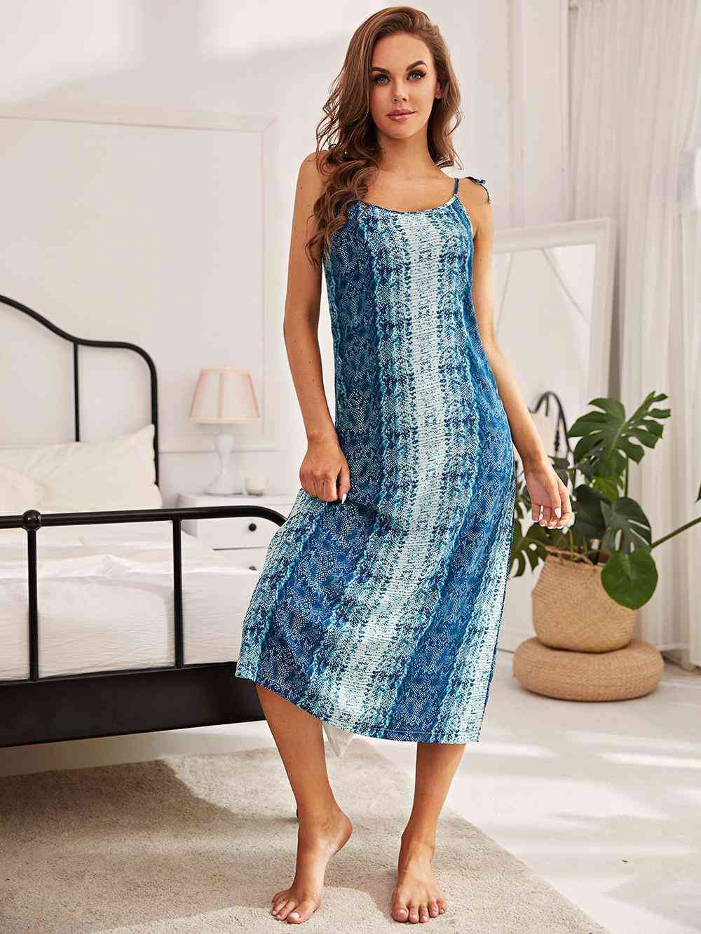 Printed Tie Shoulder Midi Night Dress  Jassorted Teal S 