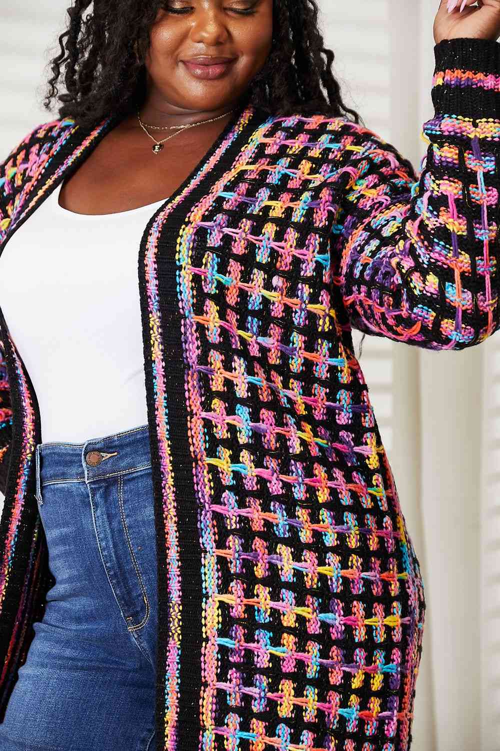 Double Take Full Size Multicolored Open Front Fringe Hem Cardigan  Trendsi   