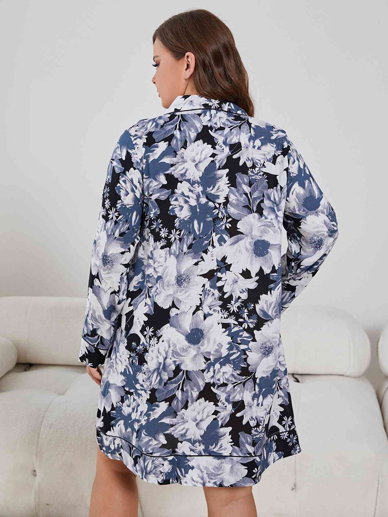 Plus Size Floral Lapel Collar Long Sleeve Night Dress  Jassorted   