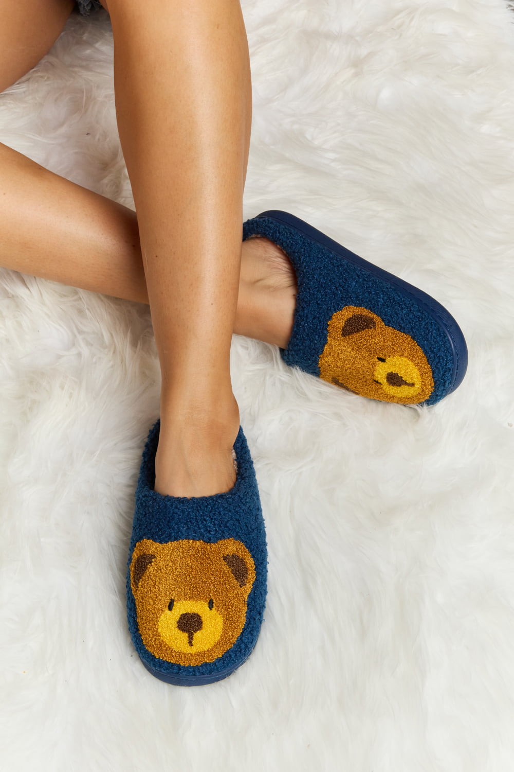 Teddy Bear Print Plush Slide Slippers  Trendsi Navy S 