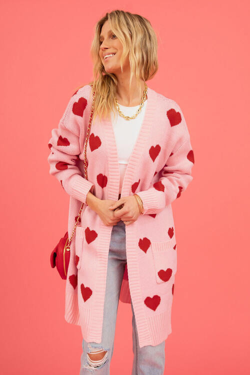 Heart Graphic Open Front Cardigan with Pockets  Trendsi   