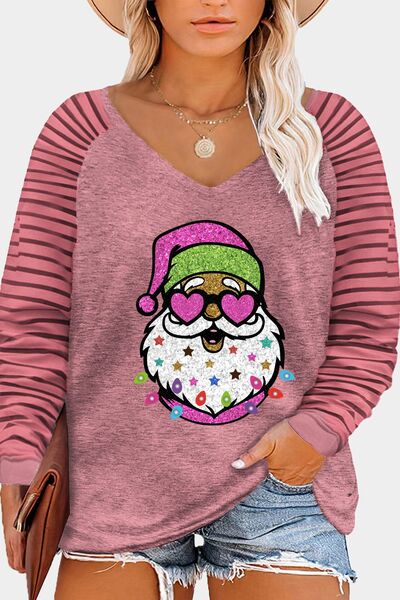 Plus Size Santa Graphic  Striped Long Sleeve T-Shirt  Jassorted Dusty Pink 1XL 