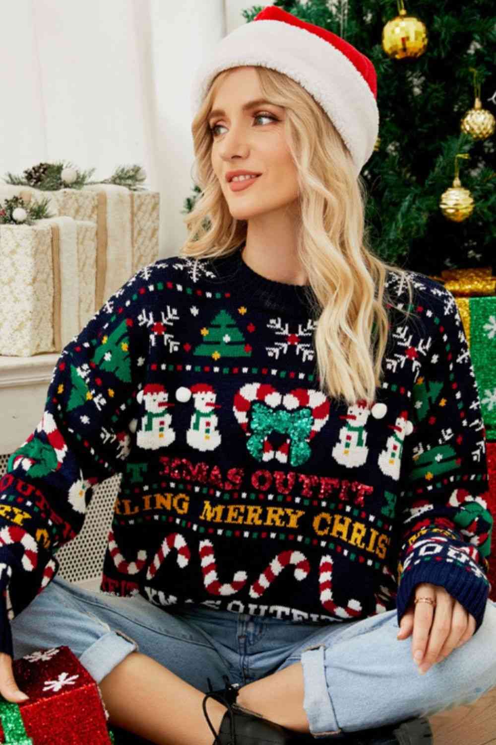 Christmas Print Crewneck Dropped Shoulder Sweater  Jassorted   