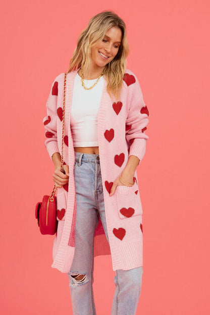 Heart Graphic Open Front Cardigan with Pockets  Trendsi Blush Pink S 