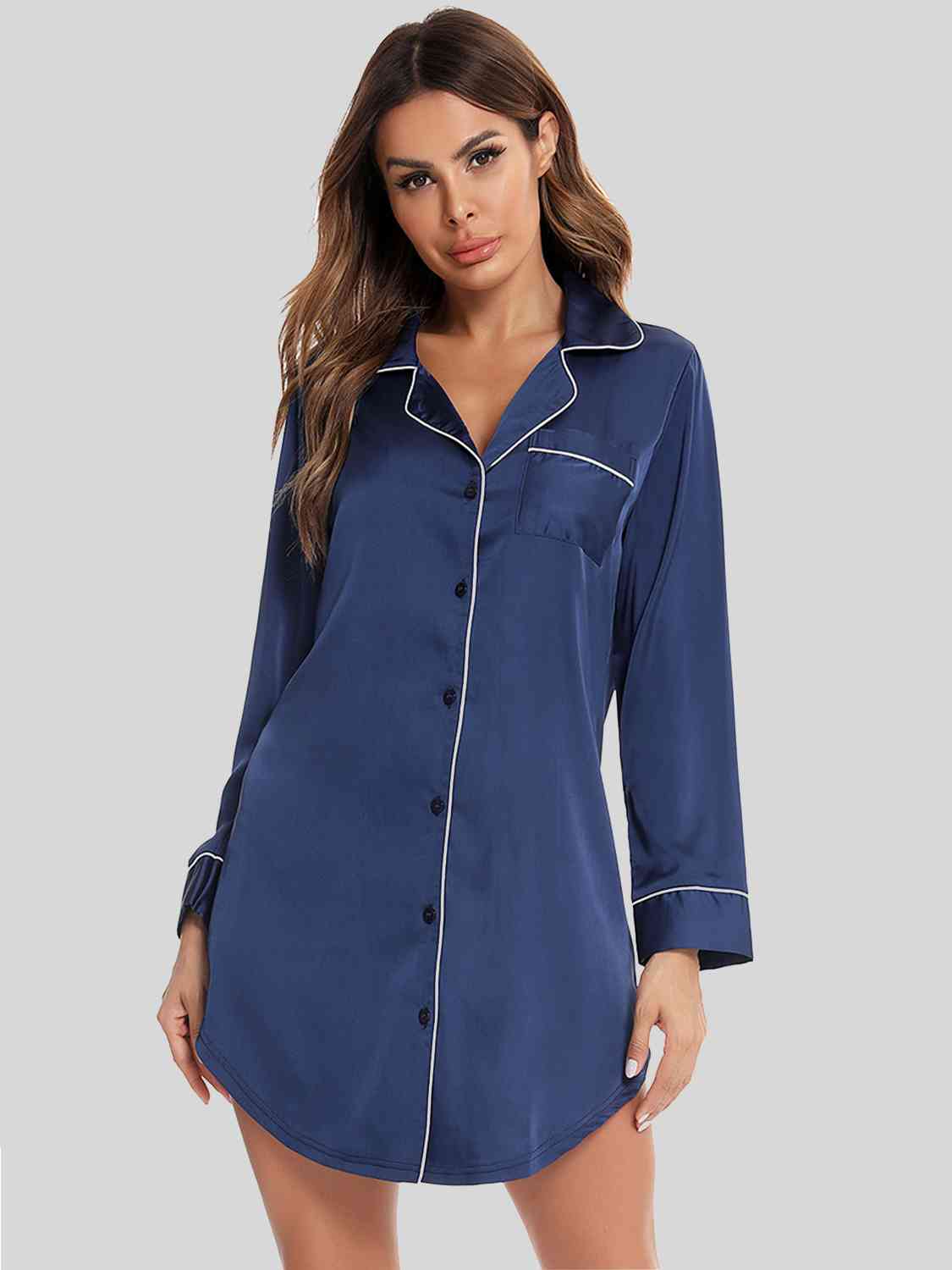 Button Up Lapel Collar Night Dress with Pocket  Jassorted Peacock  Blue S 