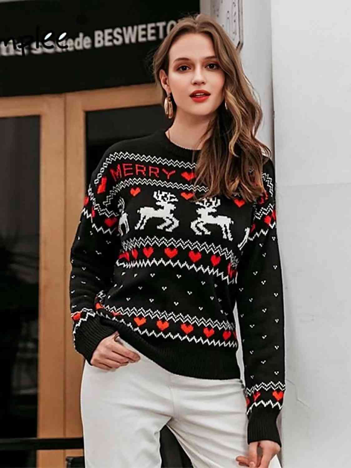 MERRY CHRISTMAS Round Neck Sweater  Jassorted Black S 