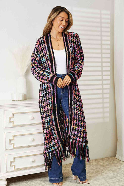 Double Take Full Size Multicolored Open Front Fringe Hem Cardigan  Trendsi   