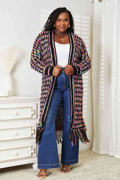 Double Take Full Size Multicolored Open Front Fringe Hem Cardigan  Trendsi Multicolor S 