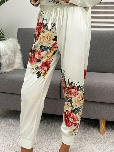 Printed Top and Drawstring Pants Lounge Set  Trendsi   