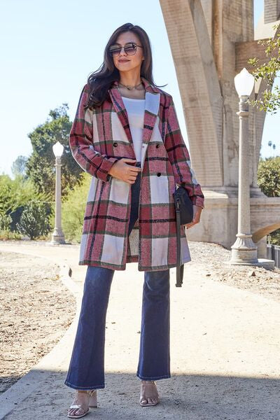 Double Take Plaid Button Up Lapel Collar Coat  Jassorted Deep Red S 