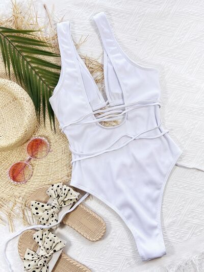 Ribbed Lace Up One-Piece Swimsuit  Trendsi   