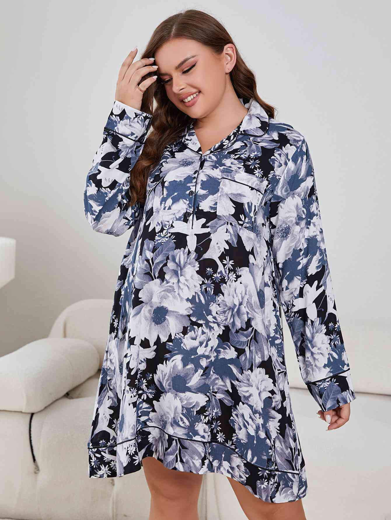 Plus Size Floral Lapel Collar Long Sleeve Night Dress  Jassorted   