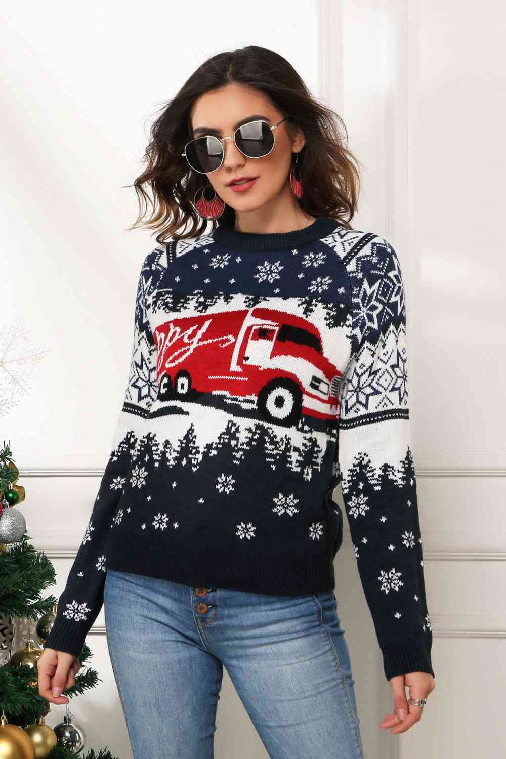 HAPPY Christmas Raglan Sleeve Sweater  Jassorted Navy S 