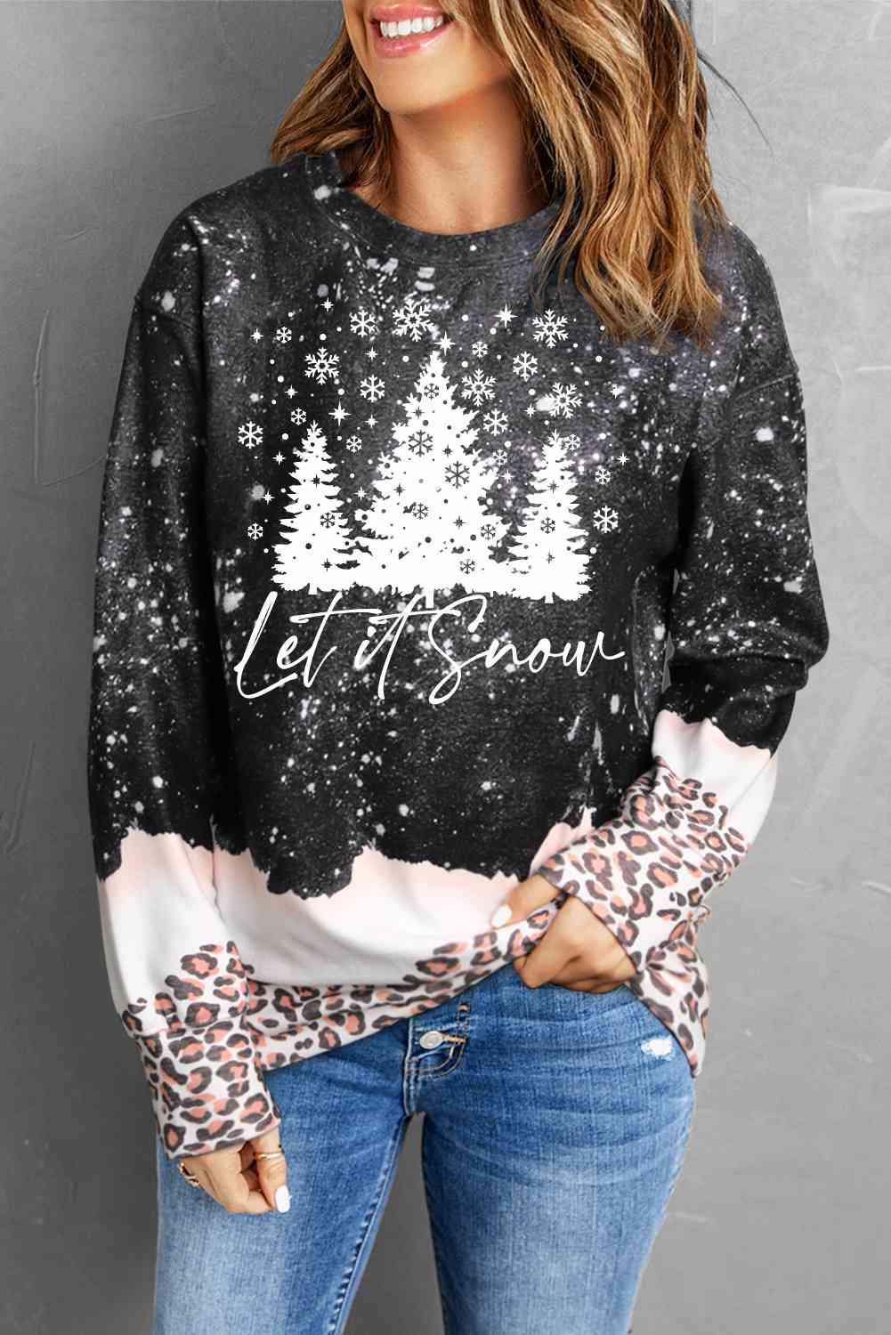 LET IT SNOW Graphic Leopard Sweatshirt  Jassorted Black S 