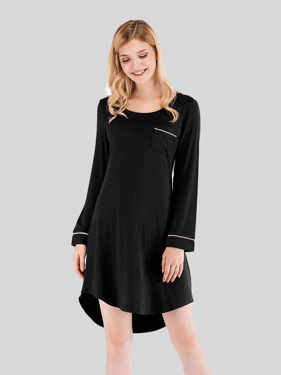 Round Neck Night Dress with Pocket  Jassorted Black S 