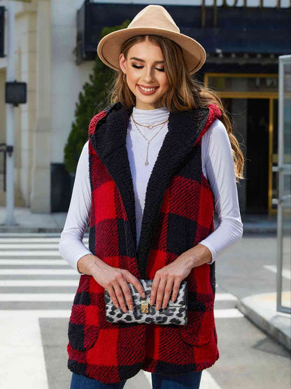 Plaid Hooded Vest  Jassorted Deep Red S 