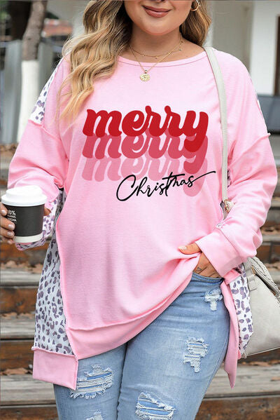 Plus Size MERRY CHRISTMAS Leopard Round Neck Sweatshirt  Jassorted Blush Pink 1XL 