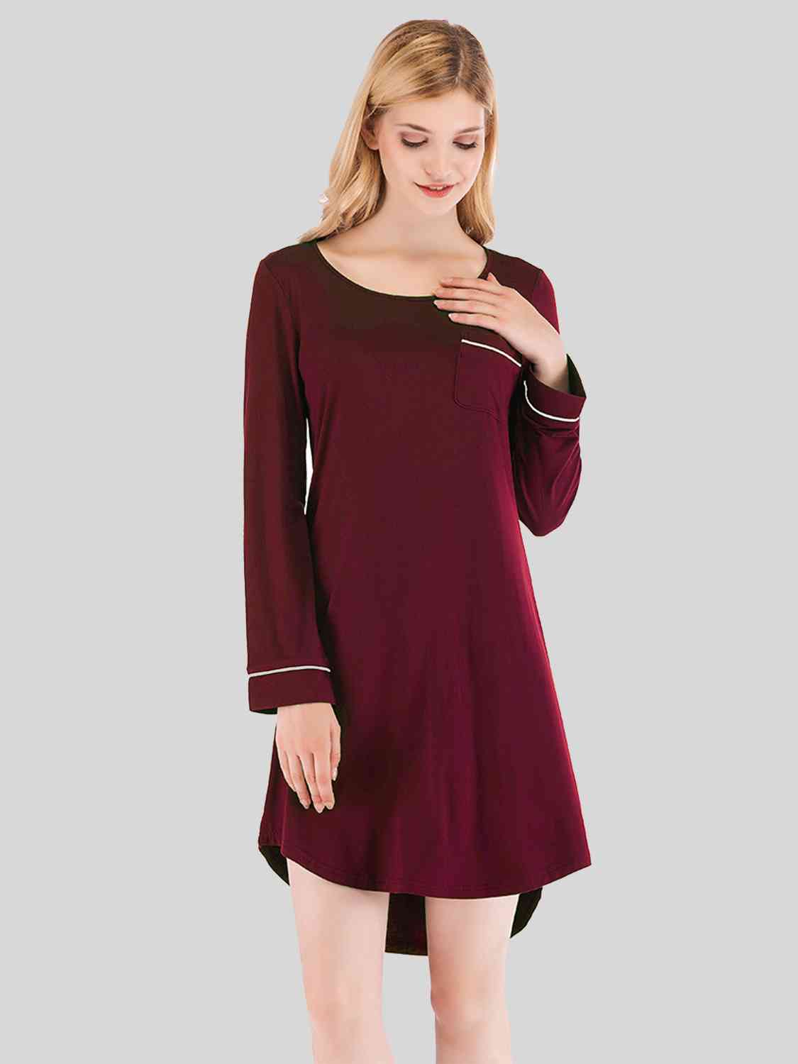 Round Neck Night Dress with Pocket  Jassorted Wine S 