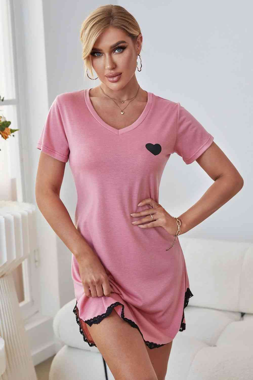 Heart Graphic Lace Trim Night Dress  Jassorted Pink S 