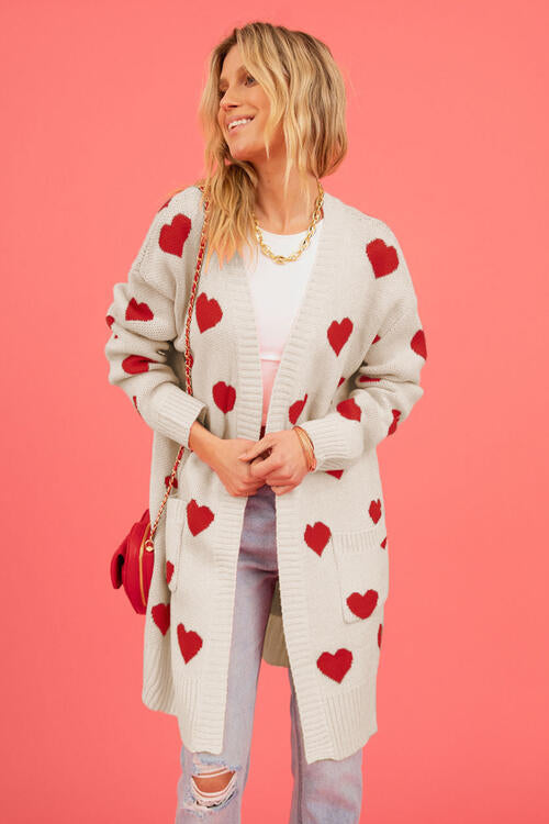 Heart Graphic Open Front Cardigan with Pockets  Trendsi   