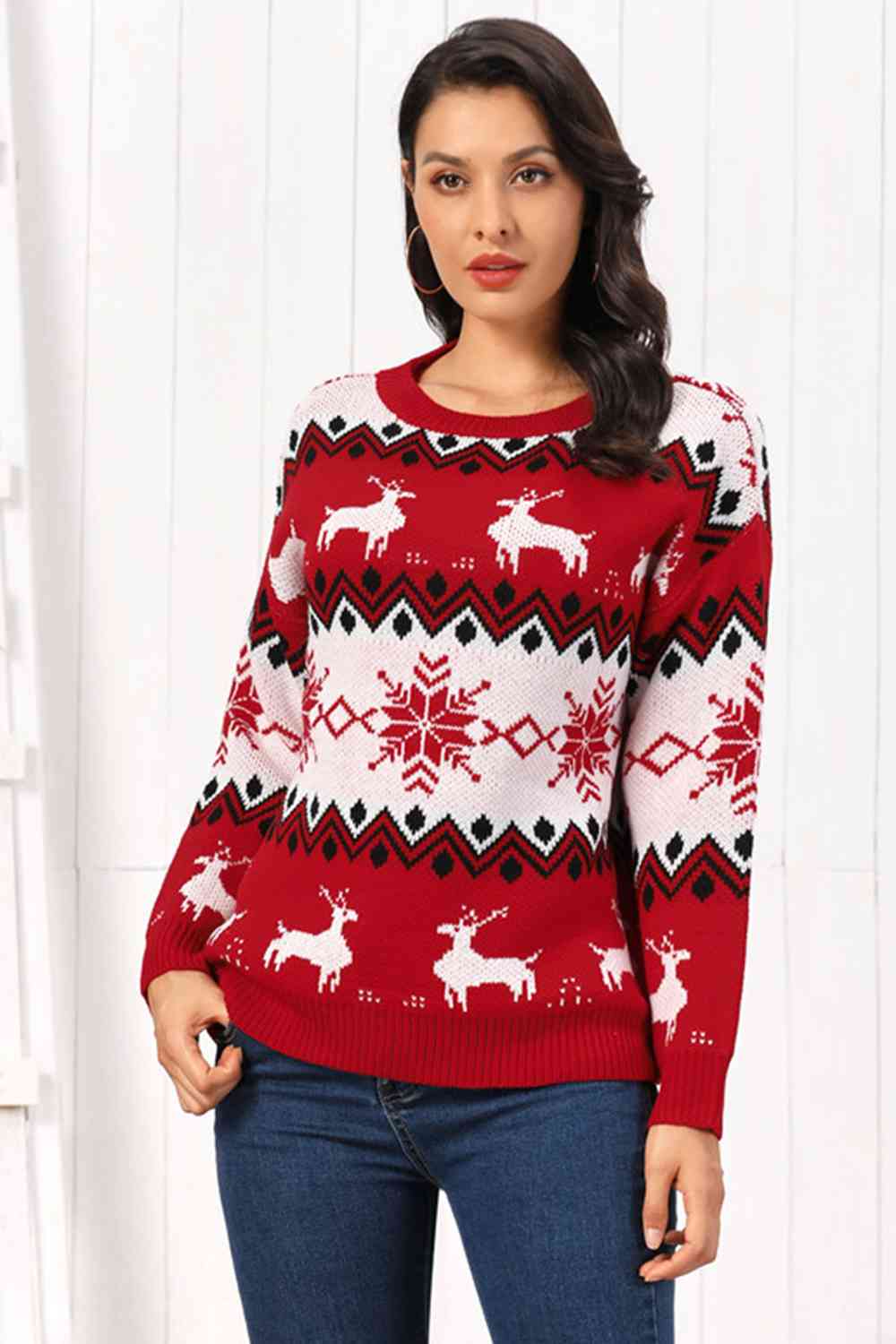 Reindeer Round Neck Sweater  Jassorted Deep Red S 