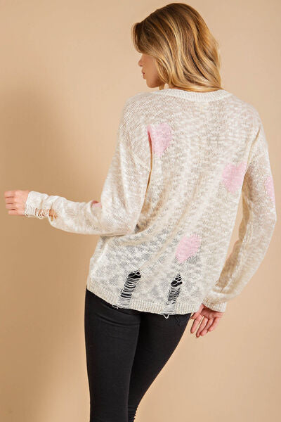 Kori America Heart Pattern Distressed Sweater  Trendsi   