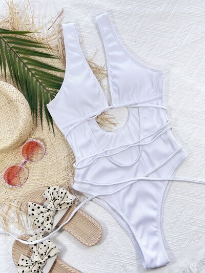 Ribbed Lace Up One-Piece Swimsuit  Trendsi   