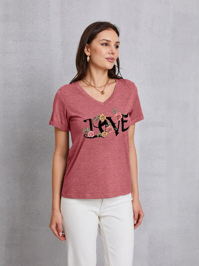 LOVE V-Neck Short Sleeve T-Shirt  Trendsi Light Mauve S 