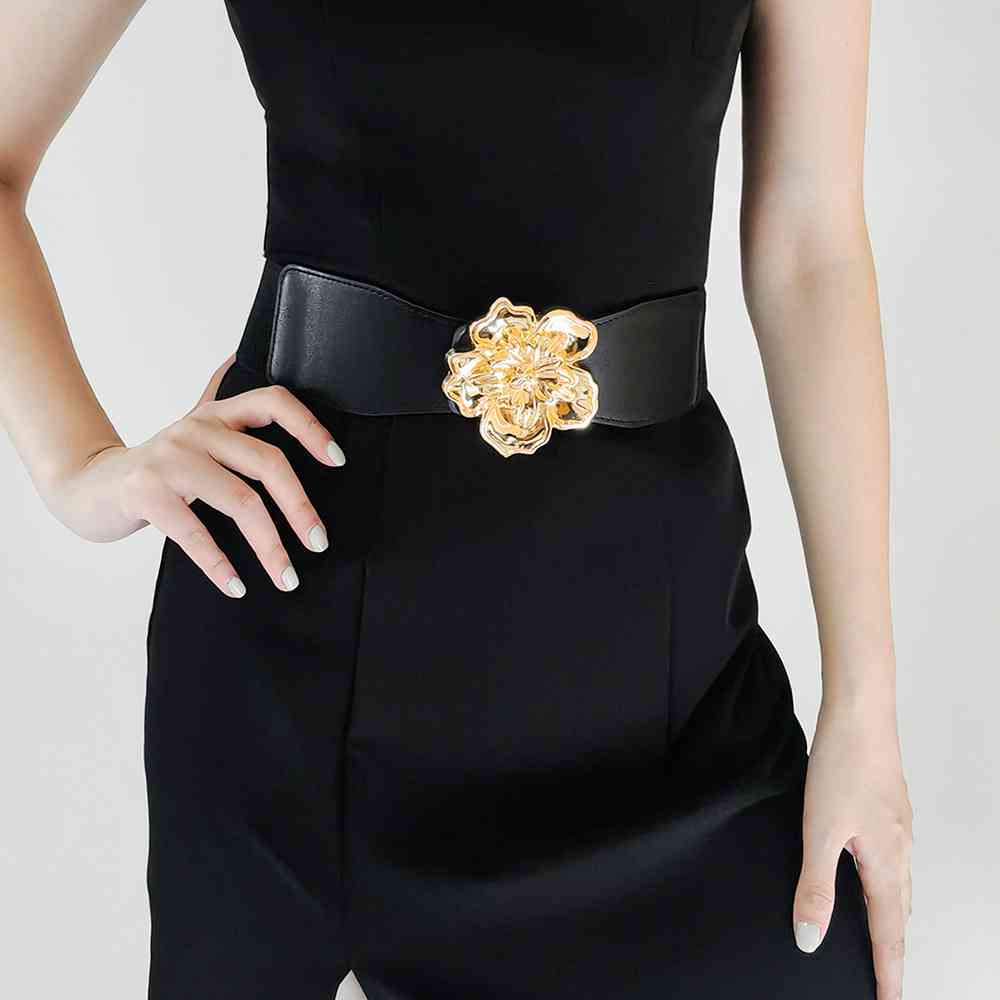 Flower Alloy Buckle Elastic Belt  Jassorted Black One Size 