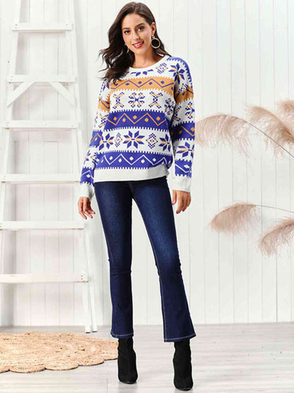 Snowflake Pattern Round Neck Sweater  Jassorted   