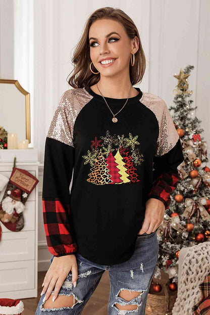 Sequin Christmas Tree Graphic  Long Sleeve T-Shirt  Jassorted   