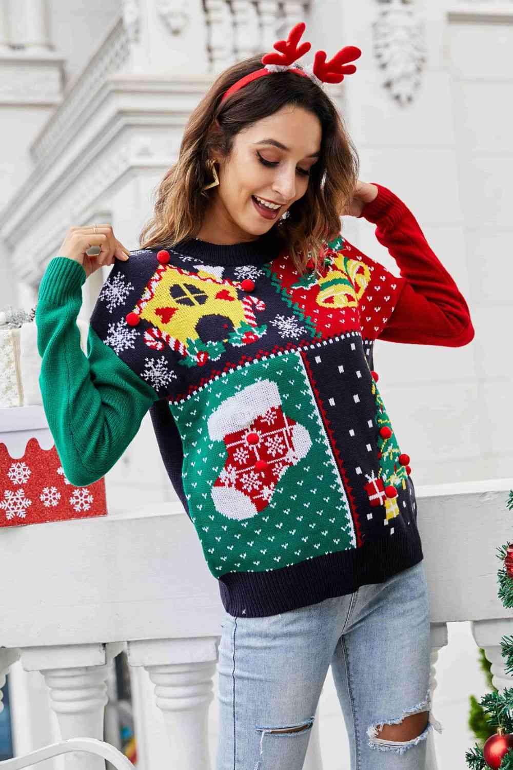 Christmas Color Block Knit Pullover  Jassorted   