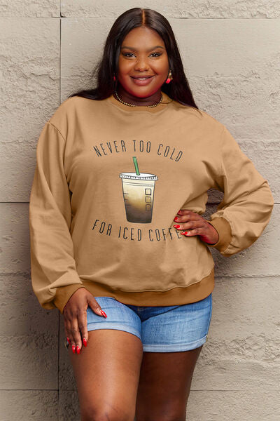 Simply Love NEVER TOO COLD FOR ICED COFFEE Round Neck Sweatshirt  Jassorted Camel S 