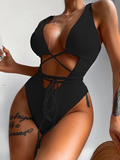 Ribbed Lace Up One-Piece Swimsuit  Trendsi   