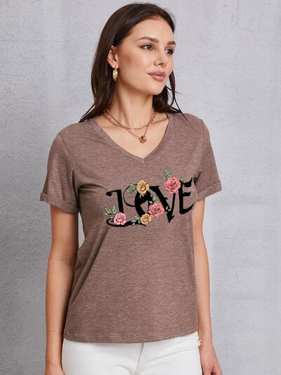 LOVE V-Neck Short Sleeve T-Shirt  Trendsi Mocha S 