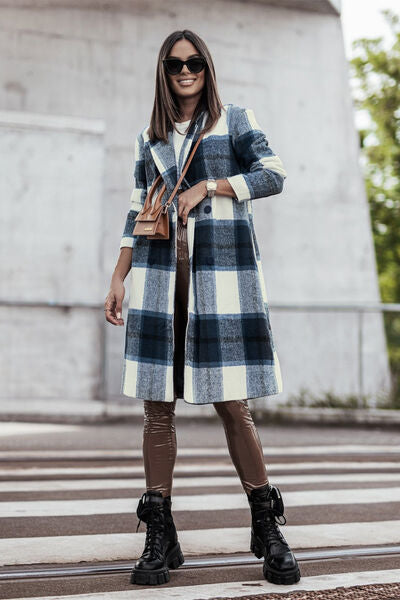 Double Take Plaid Button Up Lapel Collar Coat  Jassorted Peacock  Blue S 