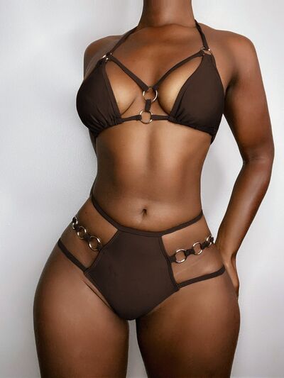 Cutout Halter Neck Two-Piece Bikini Set  Trendsi Chocolate S 