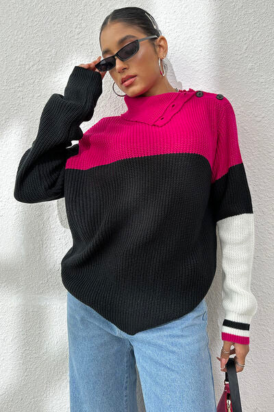 Contrast Buttoned Cutout Long Sleeve Sweater  Jassorted   